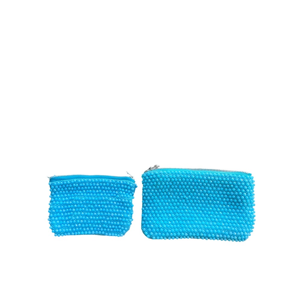 Vintage Turquoise Blue Beaded Zipper Pouch Set Coin‎ Purse Makeup Bag 2pc